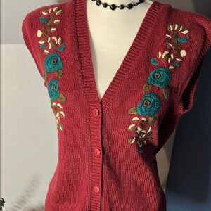 Embroidered Floral Red Sweater Vest